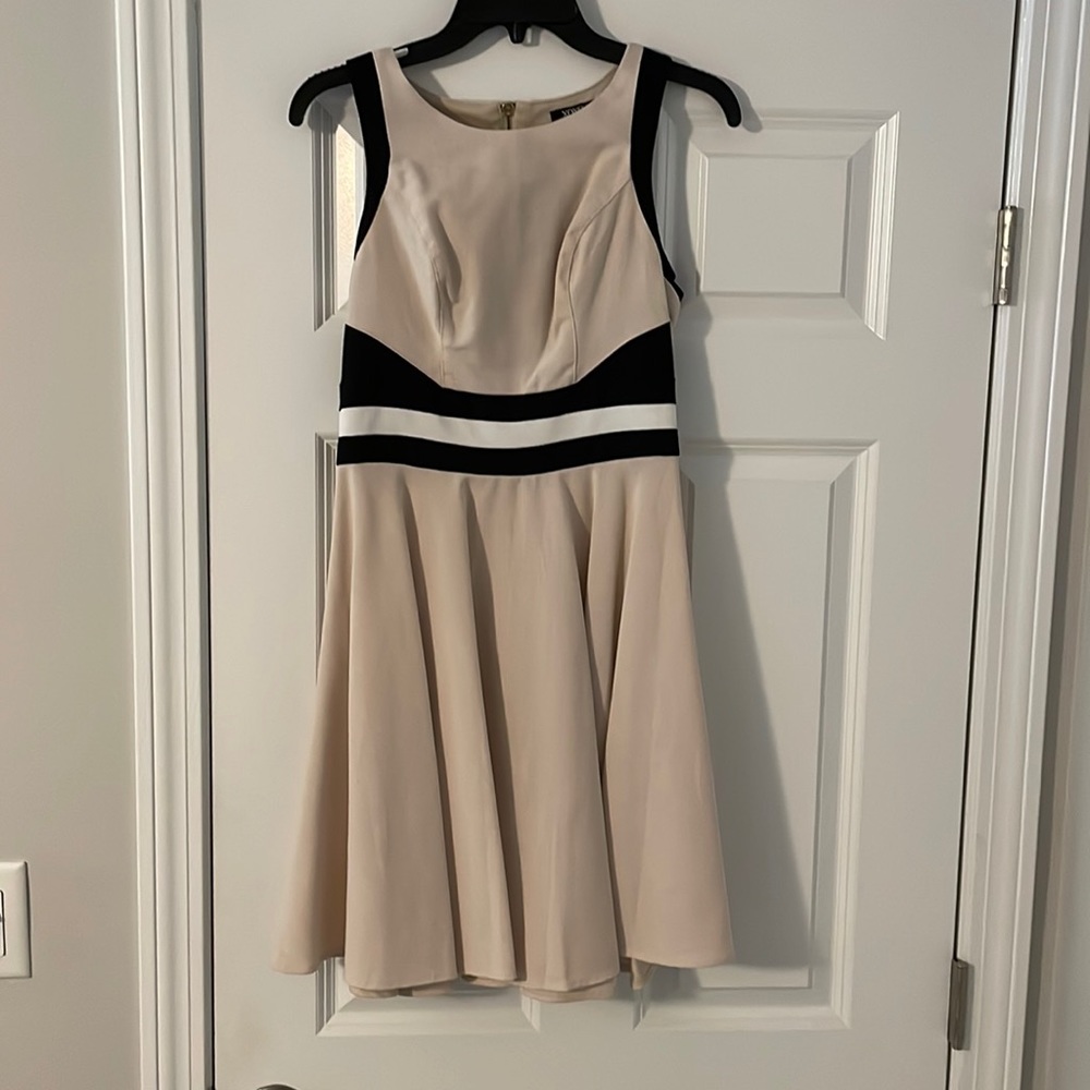 Beige dress with a black and white strip. Gold zipper on back.